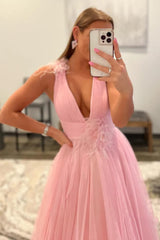 Light Pink V-Neck Backless Tulle Long Corset Prom Dress outfits, Light Pink V-Neck Backless Tulle Long Prom Dress
