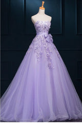 Light Purple Tulle Long Sweet 16 Dress with Bow, Lace Applique Purple Corset Prom Dress Party Dress Outfits, White Dress