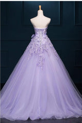 Light Purple Tulle Long Sweet 16 Dress with Bow, Lace Applique Purple Corset Prom Dress Party Dress Outfits, Wedding Shoes
