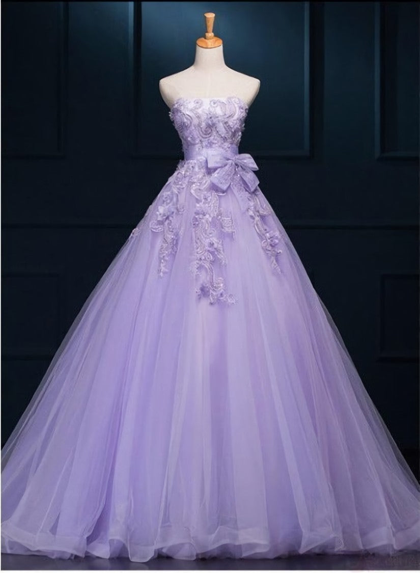Light Purple Tulle Long Sweet 16 Dress with Bow, Lace Applique Purple Corset Prom Dress Party Dress Outfits, Quinceanera Dress