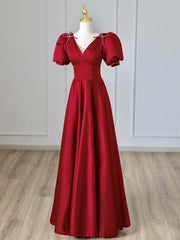 Burgundy V-Neck Satin Long Corset Prom Dress, Burgundy Corset Formal Evening Dress outfit, Formal Dress For Beach Wedding