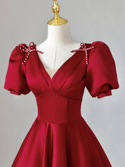 Burgundy V-Neck Satin Long Corset Prom Dress, Burgundy Corset Formal Evening Dress outfit, Formal Dresses Modest