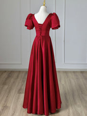 Burgundy V-Neck Satin Long Corset Prom Dress, Burgundy Corset Formal Evening Dress outfit, Formal Dress Modest