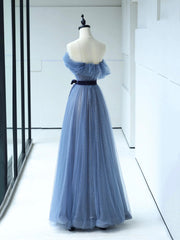 Strapless Tulle Blue Floor Length Corset Prom Dress, A-Line Blue Evening Party Dress Outfits, Party Dresses Summer Dresses
