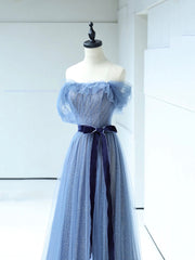 Strapless Tulle Blue Floor Length Corset Prom Dress, A-Line Blue Evening Party Dress Outfits, Party Dress Black