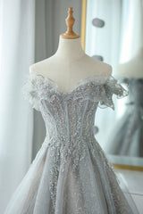 Gray Tulle Sequins Long Corset Prom Dress, Off the Shoulder Evening Dress outfit, Prom Dress Colorful
