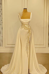 Long A-Line Square Neckline Satin Ivory Corset Prom Dress With Slit Gowns, Party Dresses For Christmas Party