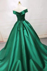 Long Green Satin V-neck Corset Ball Gowns Corset Prom Dresses Off The Shoulder outfit, Prom Dress With Sleeves