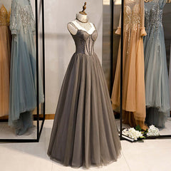 Long Grey Tulle Corset Prom Dress Corset With Beaded Neck A Line outfit, Bridesmaids Dresses Color Schemes