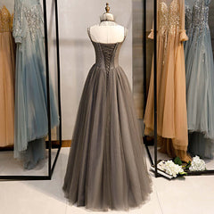 Long Grey Tulle Corset Prom Dress Corset With Beaded Neck A Line outfit, Bridesmaid Dress Color Schemes