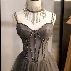 Long Grey Tulle Corset Prom Dress Corset With Beaded Neck A Line outfit, Bridesmaid Dresses Color Scheme
