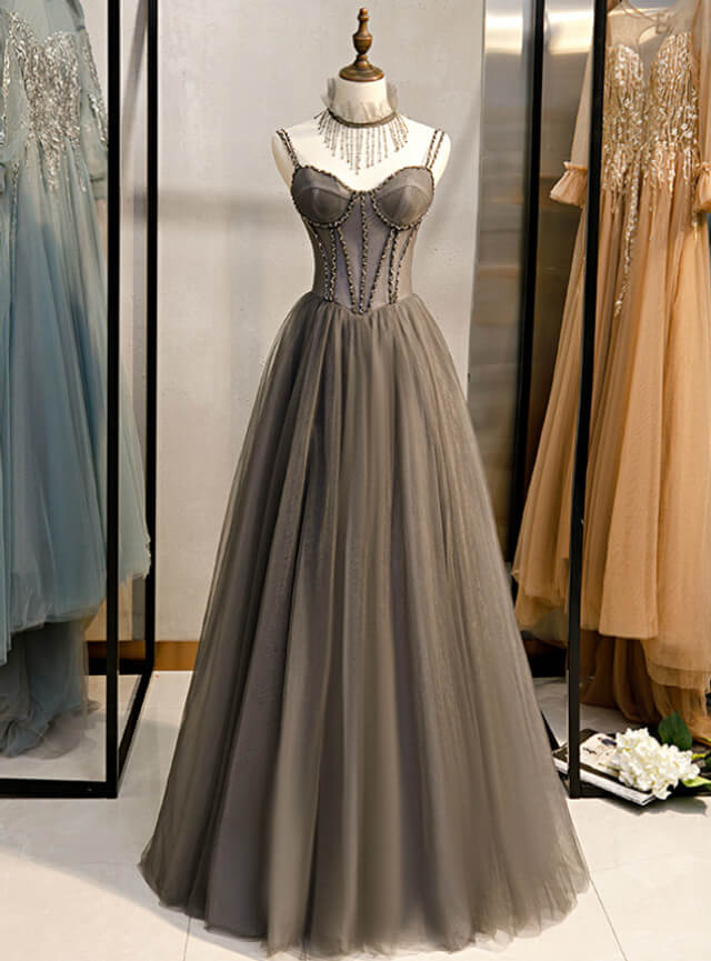 Long Grey Tulle Corset Prom Dress Corset With Beaded Neck A Line outfit, Bridesmaid Dresses Color Schemes