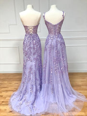 Long Purple Lace Corset Prom Dresses,Unique A Line Corset Formal Evening Dress outfit, Party Dress Ideas
