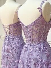 Long Purple Lace Corset Prom Dresses,Unique A Line Corset Formal Evening Dress outfit, Party Dress Outfit