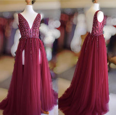 Long Tulle V-neck Corset Prom Dresses Sequin Beaded Evening Gowns outfit, Prom Dresses Ballgown