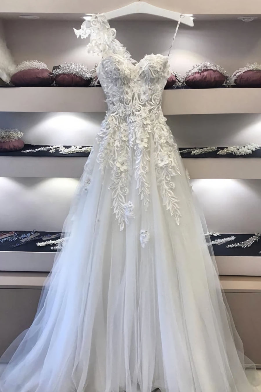 Long White Sweetheart Neck Lace Applique Corset Prom Dress, Evening Dresses outfit, Bridesmaid Dresses Wedding