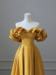 Yellow Satin Long Corset Prom Dress, Off Shoulder A-Line Evening Dress outfit, Casual Dress
