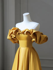 Yellow Satin Long Corset Prom Dress, Off Shoulder A-Line Evening Dress outfit, Party Dress Baby
