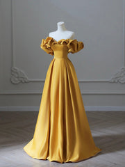 Yellow Satin Long Corset Prom Dress, Off Shoulder A-Line Evening Dress outfit, Party Dress Afternoon Tea
