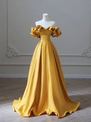 Yellow Satin Long Corset Prom Dress, Off Shoulder A-Line Evening Dress outfit, Party Dresses For Babies