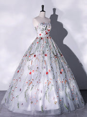 Lovely Strapless Floral Tulle Long Corset Prom Dress, Gray A-Line Evening Party Dress Outfits, Bridesmaid Dresses Ideas