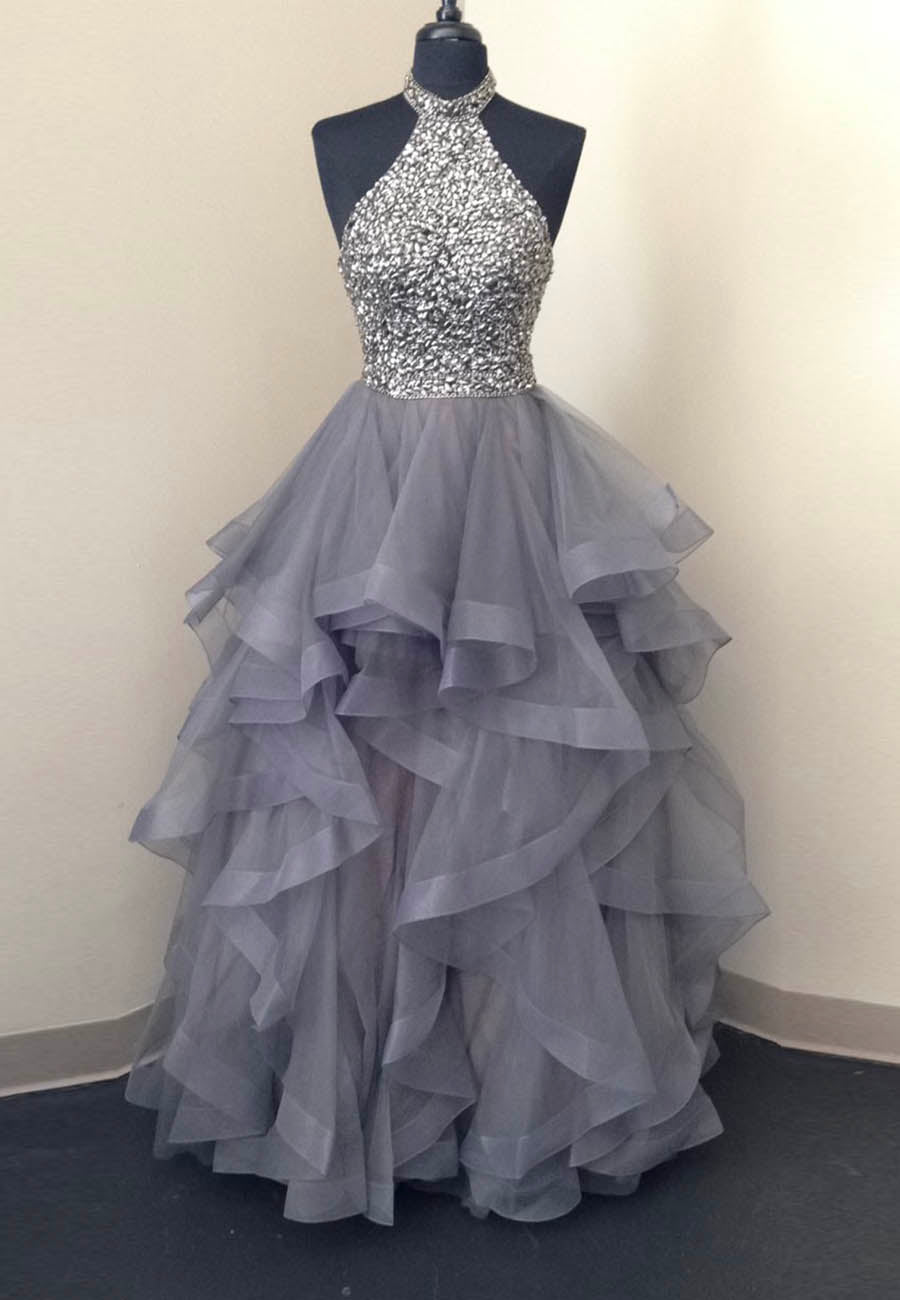 Grey Tulle Long Corset Prom Dresses, A-Line Evening Dresses outfit, Prom Dresses Black Girl