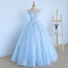 Lovely Light Blue Lace Cap Sleeve Sweet 16 Corset Prom Dress, Evening Dress outfit, Party Dress Halter Neck