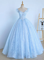 Lovely Light Blue Lace Cap Sleeve Sweet 16 Corset Prom Dress, Evening Dress outfit, Sparklie Dress