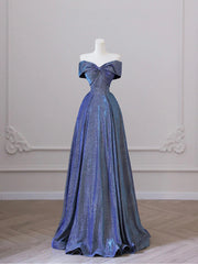 Shiny Off the Shoulder Floor Length Blue A-Line Corset Prom Dress outfits, Party Dresses Long
