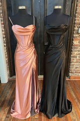 Simple Satin Long Mermaid Corset Prom Dress, Spaghetti Straps Party Dress with Slit Gowns, Party Dresses Idea
