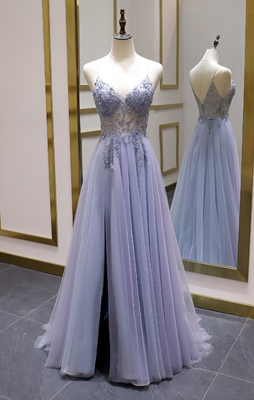 Luxury Beaded A Line Spaghetti Straps Long Corset Prom Dresses,Split Tulle Evening Party Dress Outfits, Wedding Color Schemes