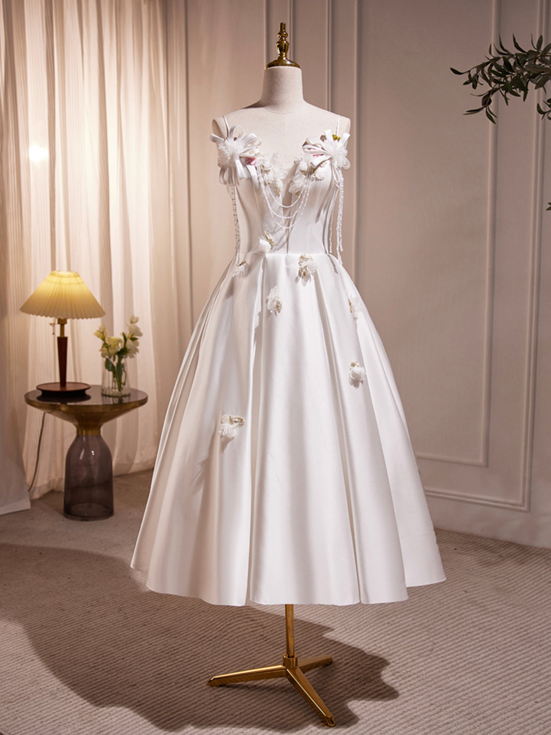 White Spaghetti Strap Satin Short Corset Prom Dress, White V-Neck Evening Party Dress Outfits, Party Dress Set