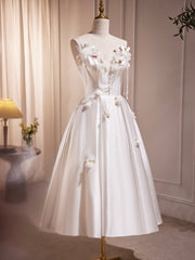 White Spaghetti Strap Satin Short Corset Prom Dress, White V-Neck Evening Party Dress Outfits, Party Dress Boho