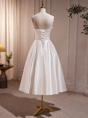 White Spaghetti Strap Satin Short Corset Prom Dress, White V-Neck Evening Party Dress Outfits, Party Dress Silk