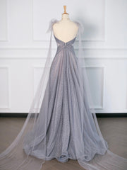 Gray Tulle V-Neck Floor Length Corset Prom Dress, A-Line Backless Evening Party Dress Outfits, Prom Dress 2039