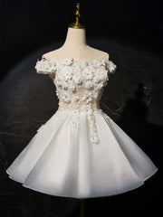 White Flowers Lace Short Corset Prom Dress, Lovely A-Line Evening Party Dress Outfits, Party Dresses Christmas