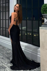 Mermaid Black Halter Long Corset Prom Dress with Slit Gowns, Mermaid Black Halter Long Prom Dress with Slit