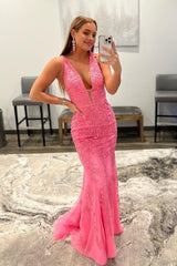 Mermaid Deep V Neck Pink Long Corset Prom Dress with Appliques Gowns, Mermaid Deep V Neck Pink Long Prom Dress with Appliques