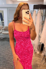 Mermaid Glitter Sequins Sexy Hot Pink Backless Long Corset Prom Dress outfits, Mermaid Glitter Sequins Sexy Hot Pink Backless Long Prom Dress
