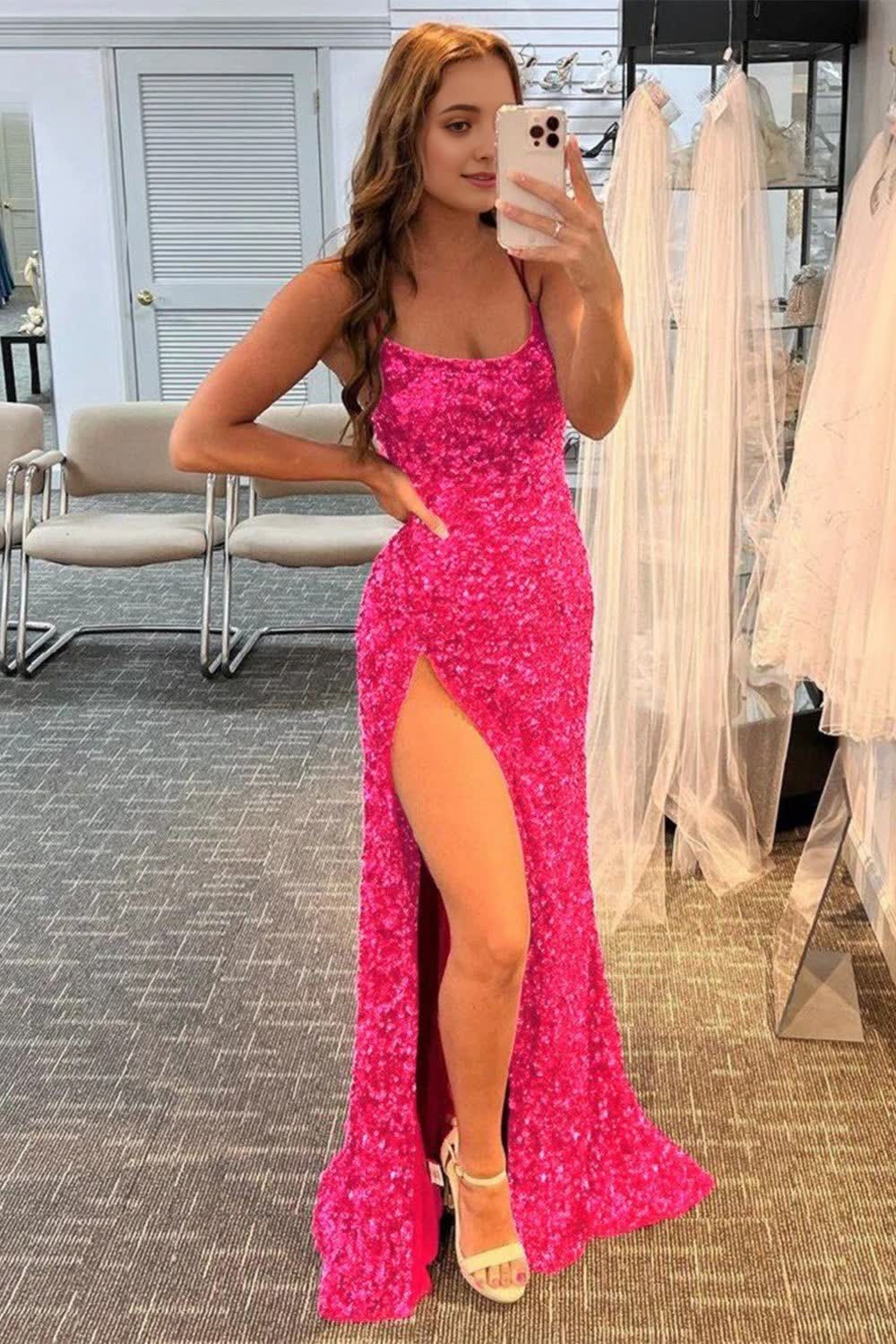 Mermaid Glitter Sequins Sexy Hot Pink Backless Long Corset Prom Dress outfits, Mermaid Glitter Sequins Sexy Hot Pink Backless Long Prom Dress