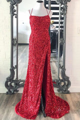 Mermaid Red Sequins Long Corset Prom Dress with Slit Gowns, Mermaid Red Sequins Long Prom Dress with Slit