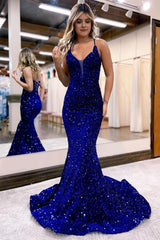 Mermaid Royal Blue Spaghetti Straps Sequins Long Corset Prom Dress outfits, Mermaid Royal Blue Spaghetti Straps Sequins Long Prom Dress
