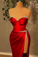 Mermaid Spaghetti Strap Sweetheart Floor-length Sleeveless Red High Split Corset Prom Dresses outfit, Party Dresses Shops