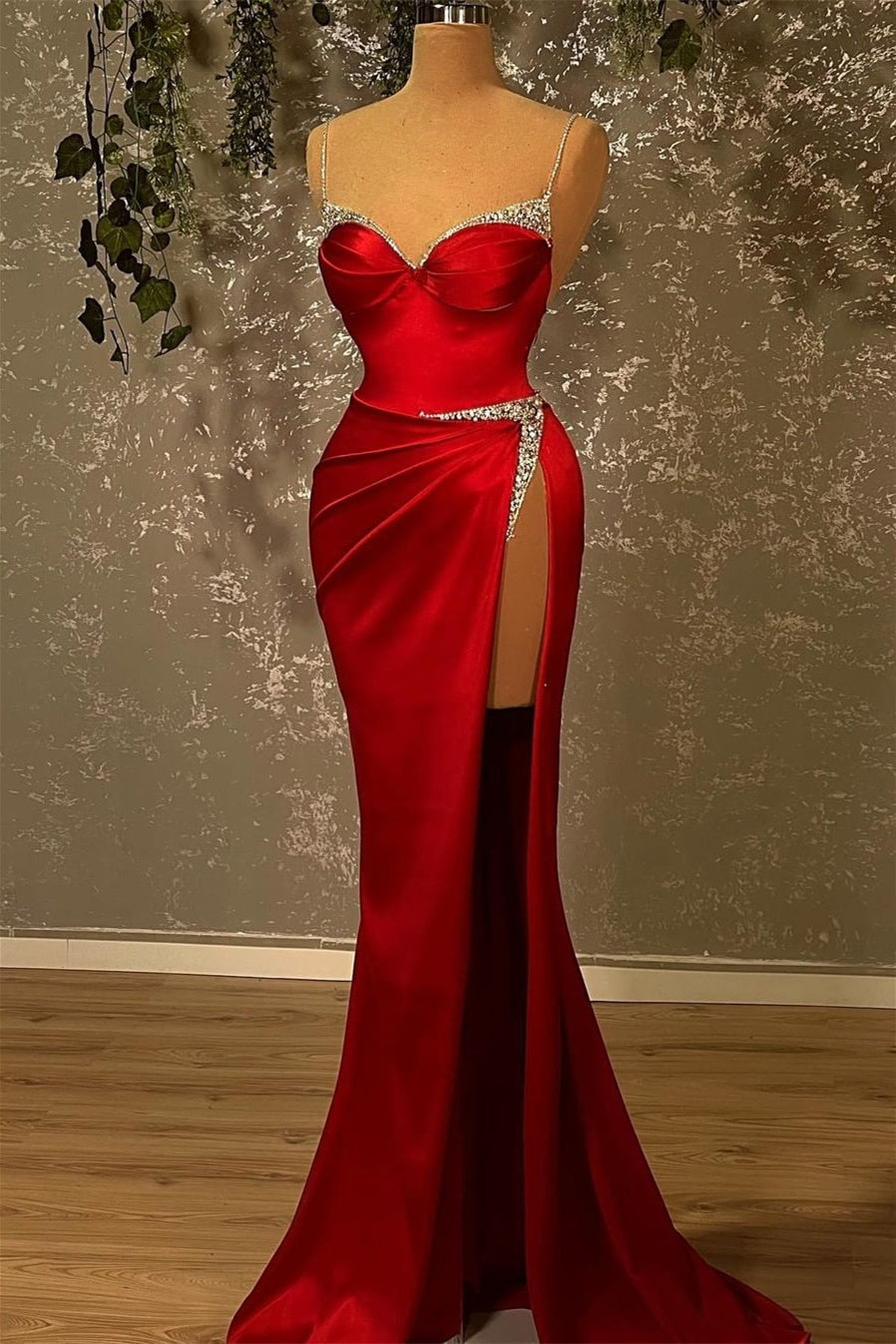 Mermaid Spaghetti Strap Sweetheart Floor-length Sleeveless Red High Split Corset Prom Dresses outfit, Party Dresses Shop