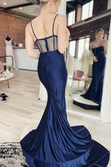 Mermaid Spaghetti Straps Navy Long Corset Prom Dress with Sweep Train outfits, Mermaid Spaghetti Straps Navy Long Prom Dress with Sweep Train