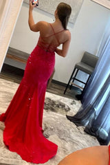 Mermaid Spaghetti Straps Red Long Corset Prom Dress with Criss Cross Back Gowns, Mermaid Spaghetti Straps Red Long Prom Dress with Criss Cross Back