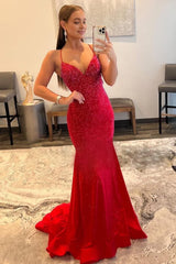 Mermaid Spaghetti Straps Red Long Corset Prom Dress with Criss Cross Back Gowns, Mermaid Spaghetti Straps Red Long Prom Dress with Criss Cross Back