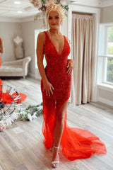 Mermaid V Neck Red Long Corset Prom Dress with Embroidery Gowns, Mermaid V Neck Red Long Prom Dress with Embroidery
