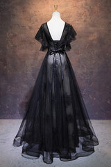 Modest Black Long A-line V-neck Black Corset Prom Dresses Chic Party Dress Outfits, Bridesmaids Dresses Online