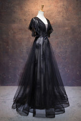 Modest Black Long A-line V-neck Black Corset Prom Dresses Chic Party Dress Outfits, Bridesmaids Dress Online